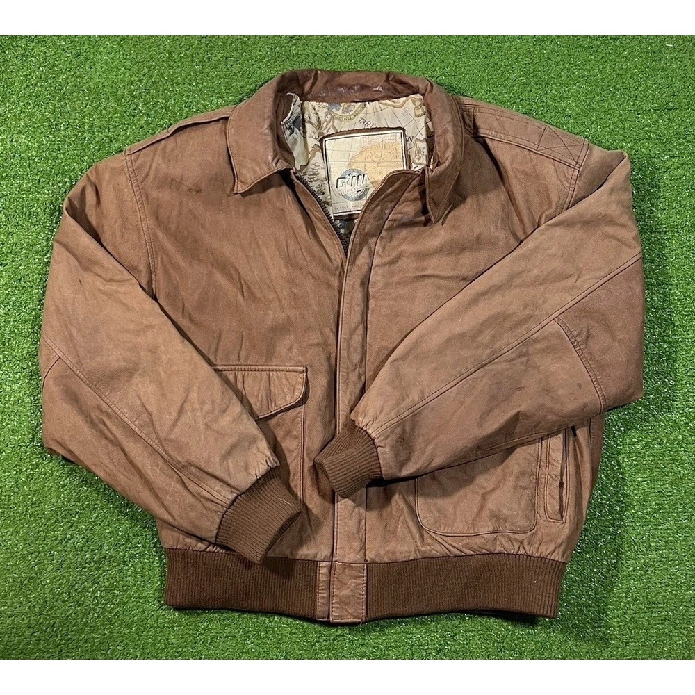 GIII Leather Jacket Mens Large Flight Bomber Vintage Brown Global Identity 90s